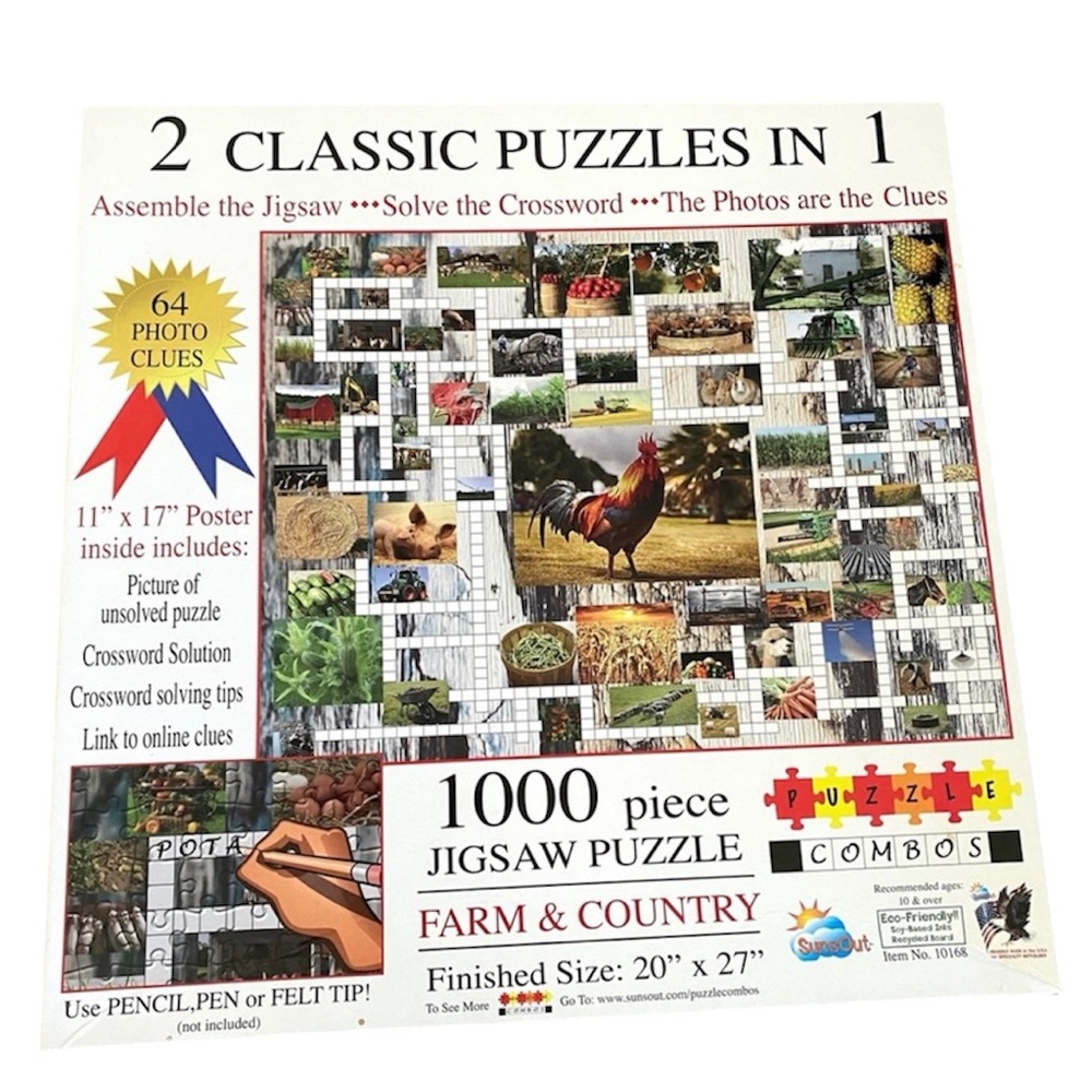 SUNSOUT 1000 jigsaw puzzle crossword puzzle combo 2 in 1 farm & country poster